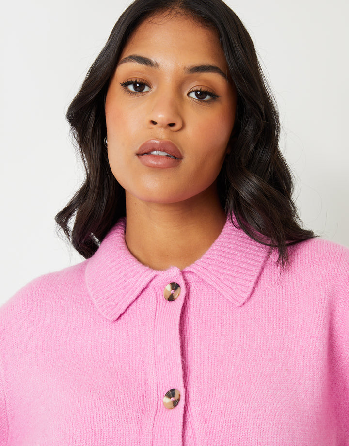Pink Cropped Collared Knitted Cardigan