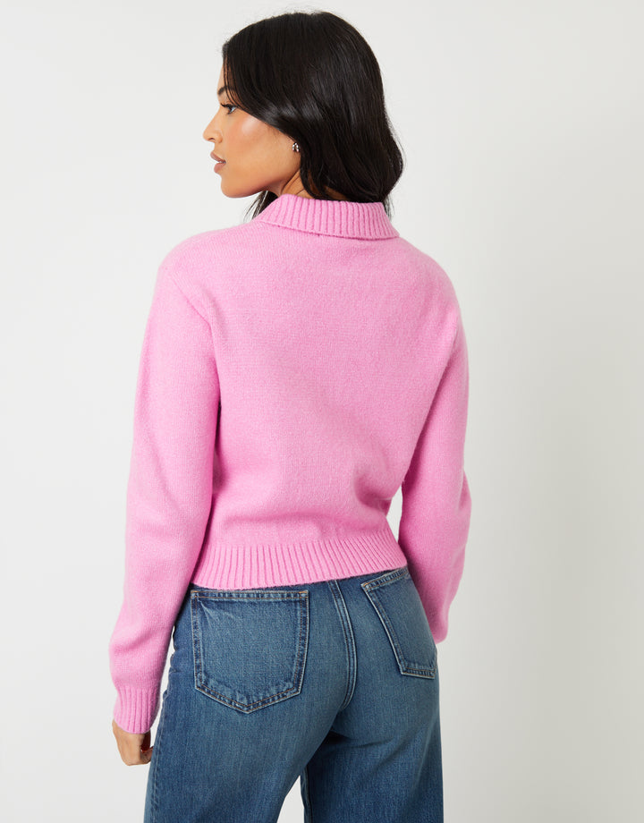 Pink Cropped Collared Knitted Cardigan