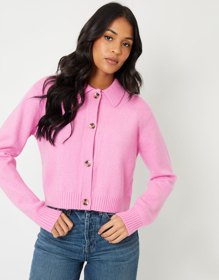 Pink Cropped Collared Knitted Cardigan