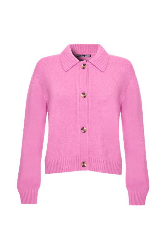 Pink Cropped Collared Knitted Cardigan