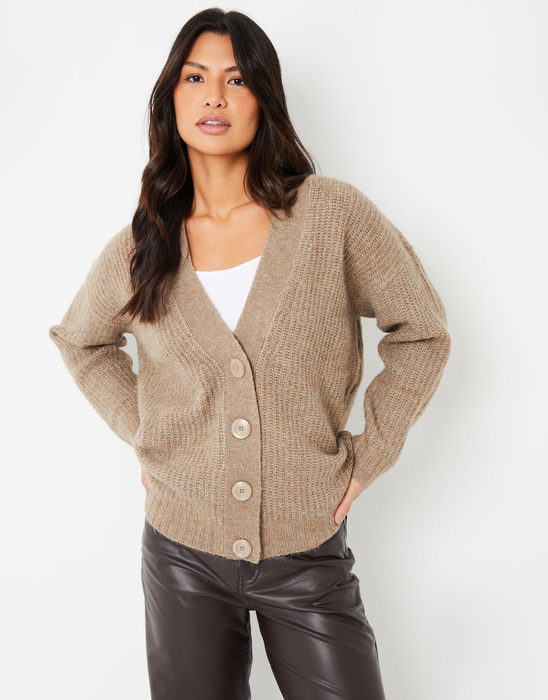 Light Brown Button Up V Neck Chunky Knit Cardigan