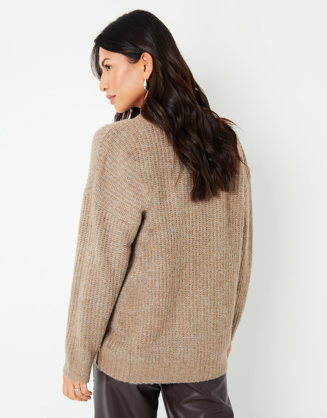 Light Brown Button Up V Neck Chunky Knit Cardigan