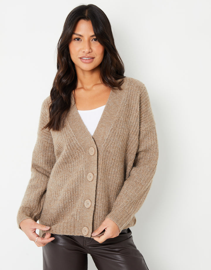 Light Brown Button Up V Neck Chunky Knit Cardigan