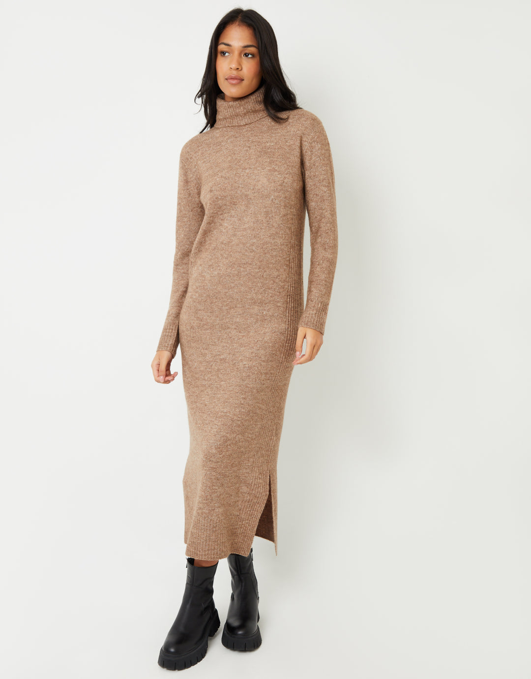 chinese dress ladies Final Sale Plus Size Ribbed Midi Sweater Dress in Brown, Tan & Mauve main image 0