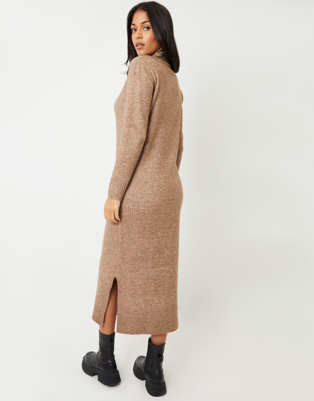 Knitted Roll Neck Maxi Dress in Beige