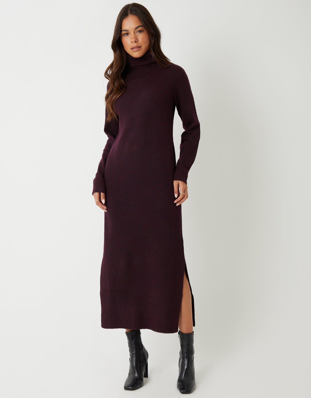 Berry Red Knitted Roll Neck Maxi Dress