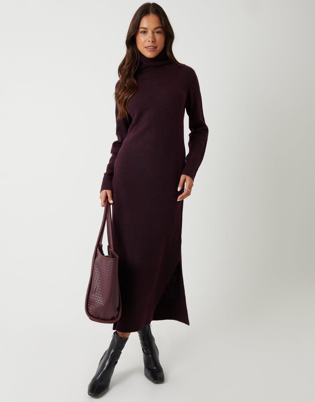 Berry Red Knitted Roll Neck Maxi Dress