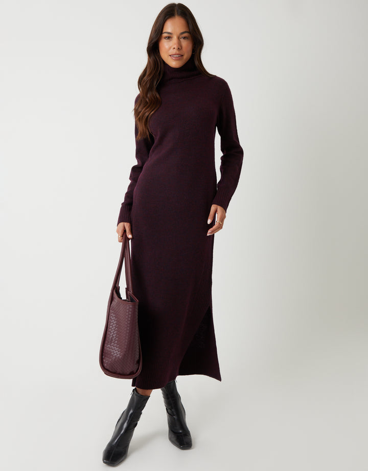 Berry Red Knitted Roll Neck Maxi Dress