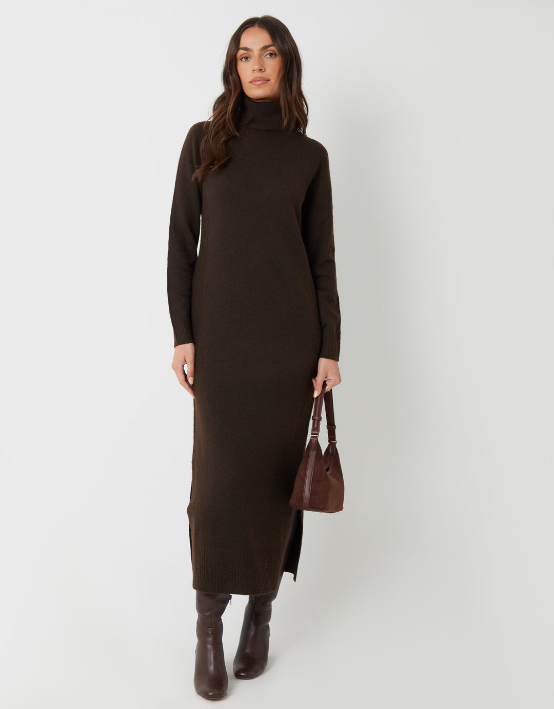 Knitted Roll Neck Maxi Dress in Chocolate Brown Knitted Roll Neck Maxi Dress in Chocolate Brown
