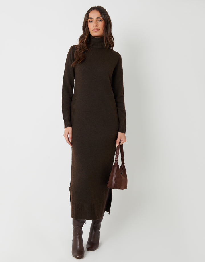 Chocolate Brown Knitted Roll Neck Maxi Dress