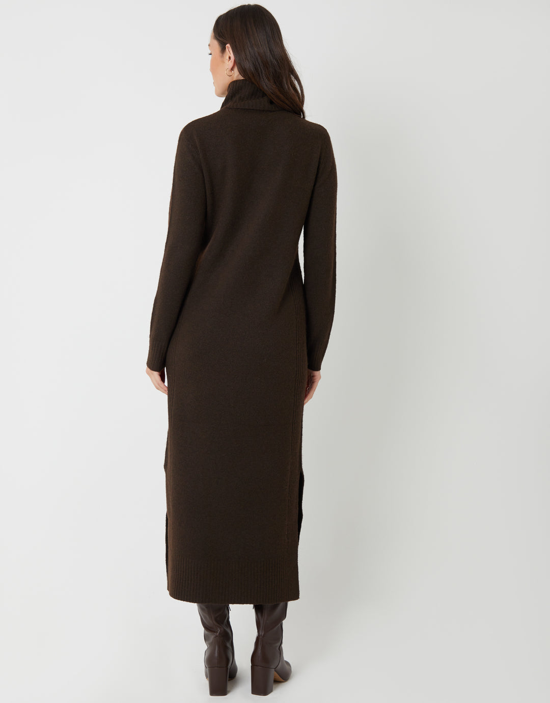 Chocolate Brown Knitted Roll Neck Maxi Dress
