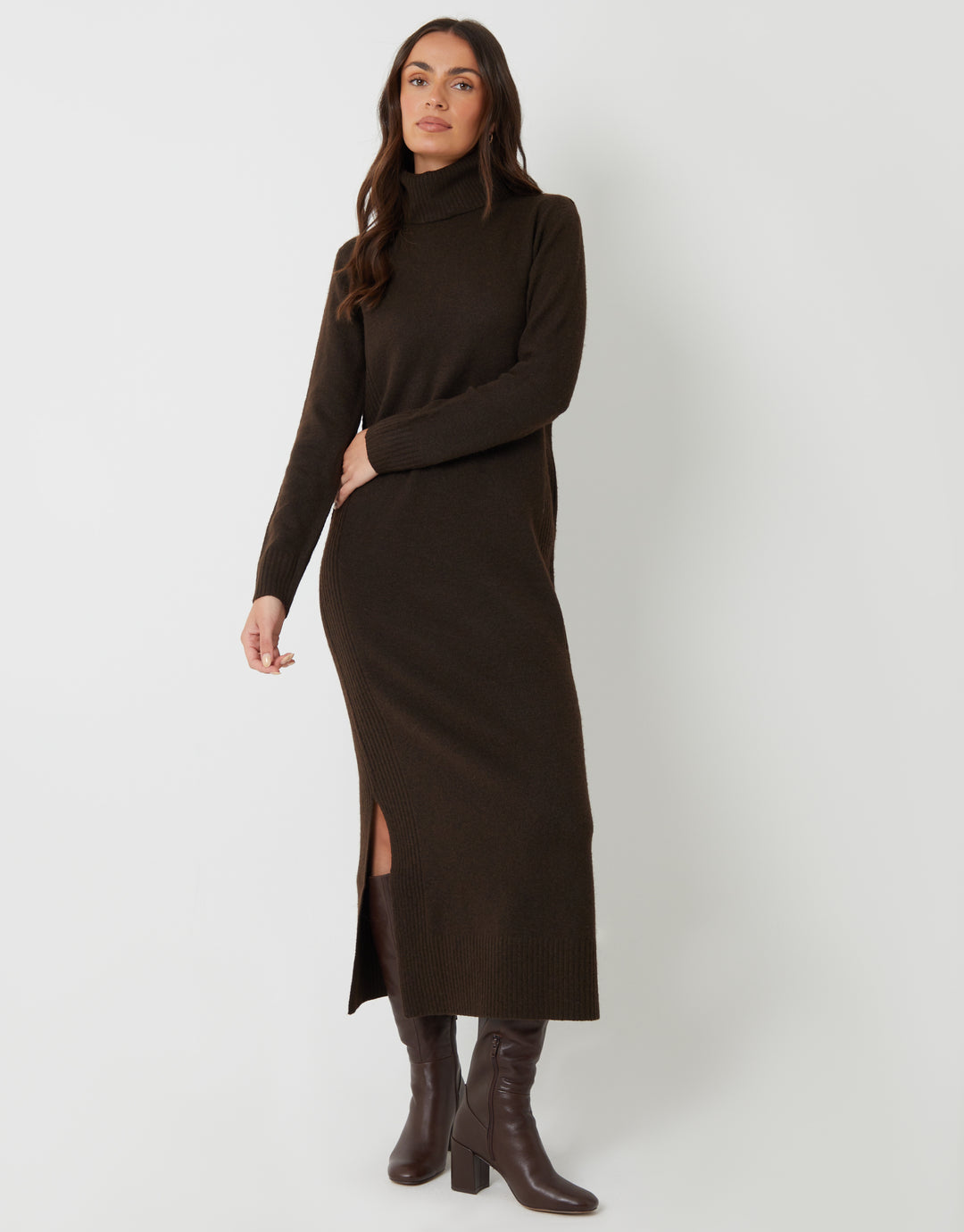 Chocolate Brown Knitted Roll Neck Maxi Dress