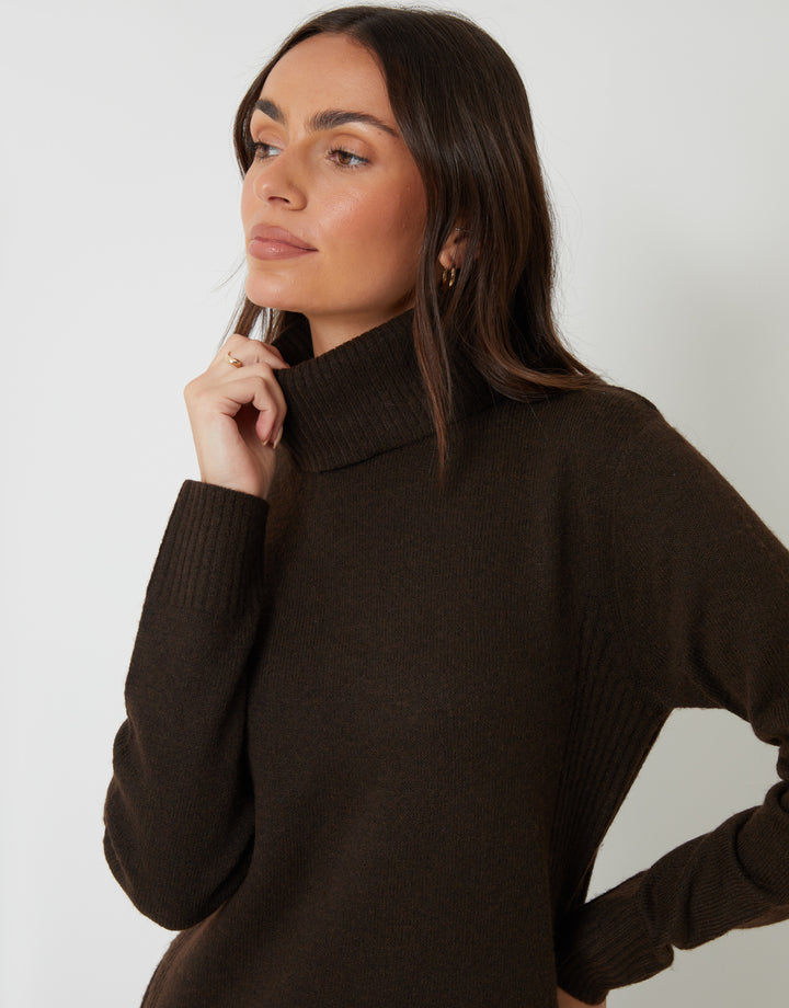 Chocolate Brown Knitted Roll Neck Maxi Dress