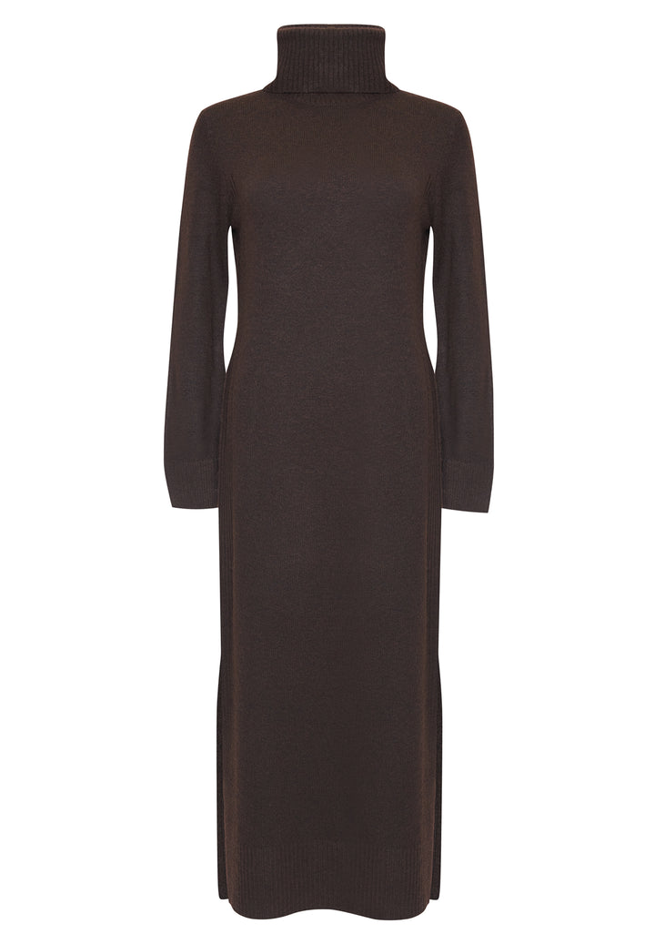Chocolate Brown Knitted Roll Neck Maxi Dress