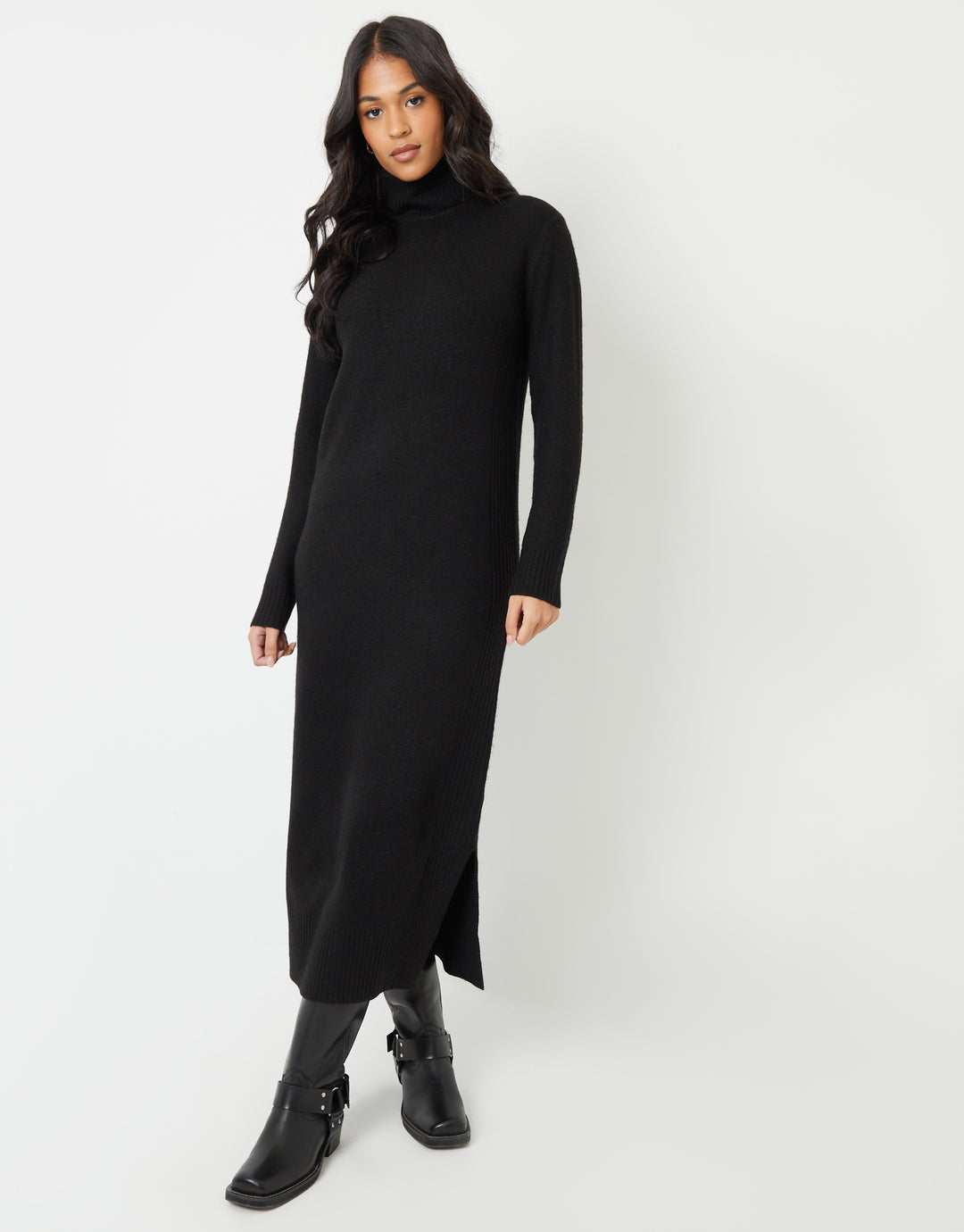 Knitted Roll Neck Maxi Dress in Black