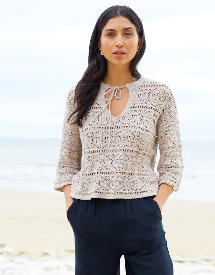 Tie Neck Crochet Jumper in Stone