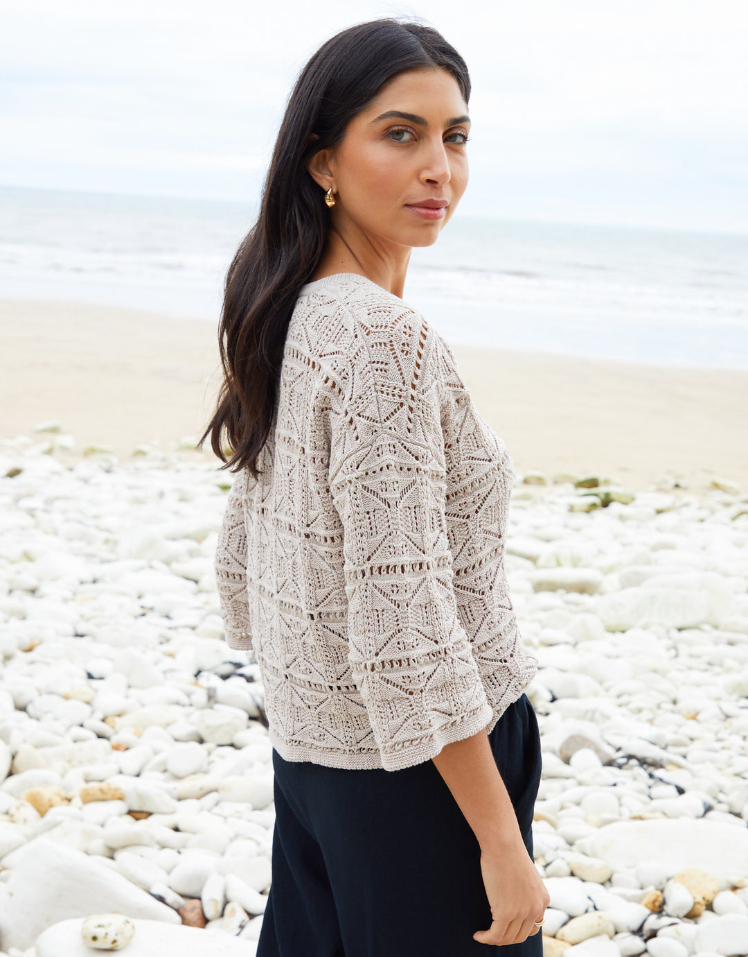 Tie Neck Crochet Jumper in Stone