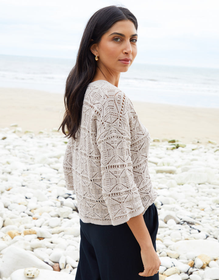 Tie Neck Crochet Jumper in Stone
