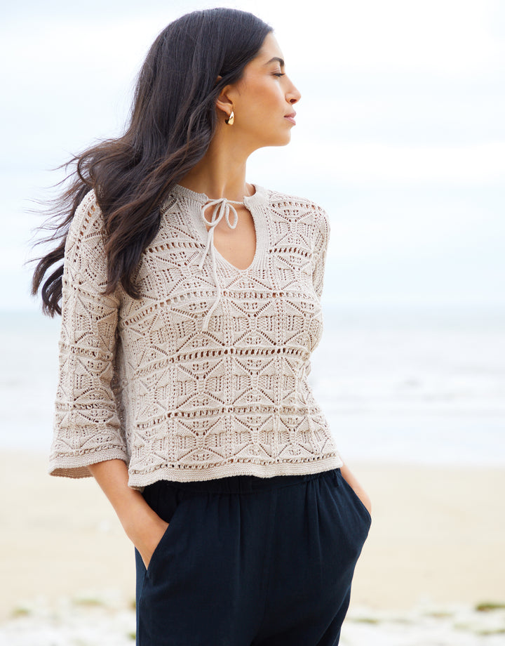 Tie Neck Crochet Jumper in Stone