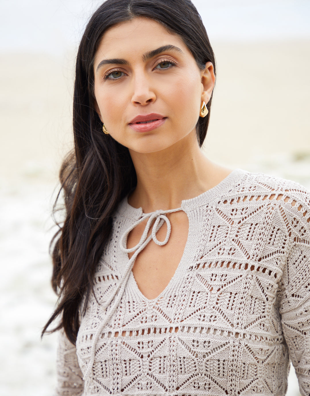 Tie Neck Crochet Jumper in Stone