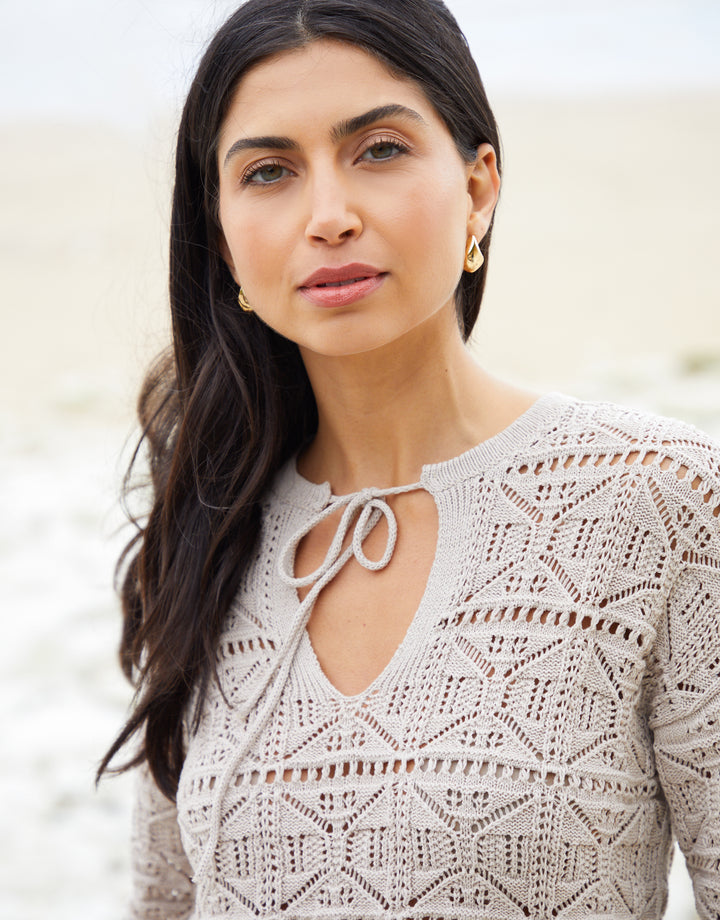 Tie Neck Crochet Jumper in Stone