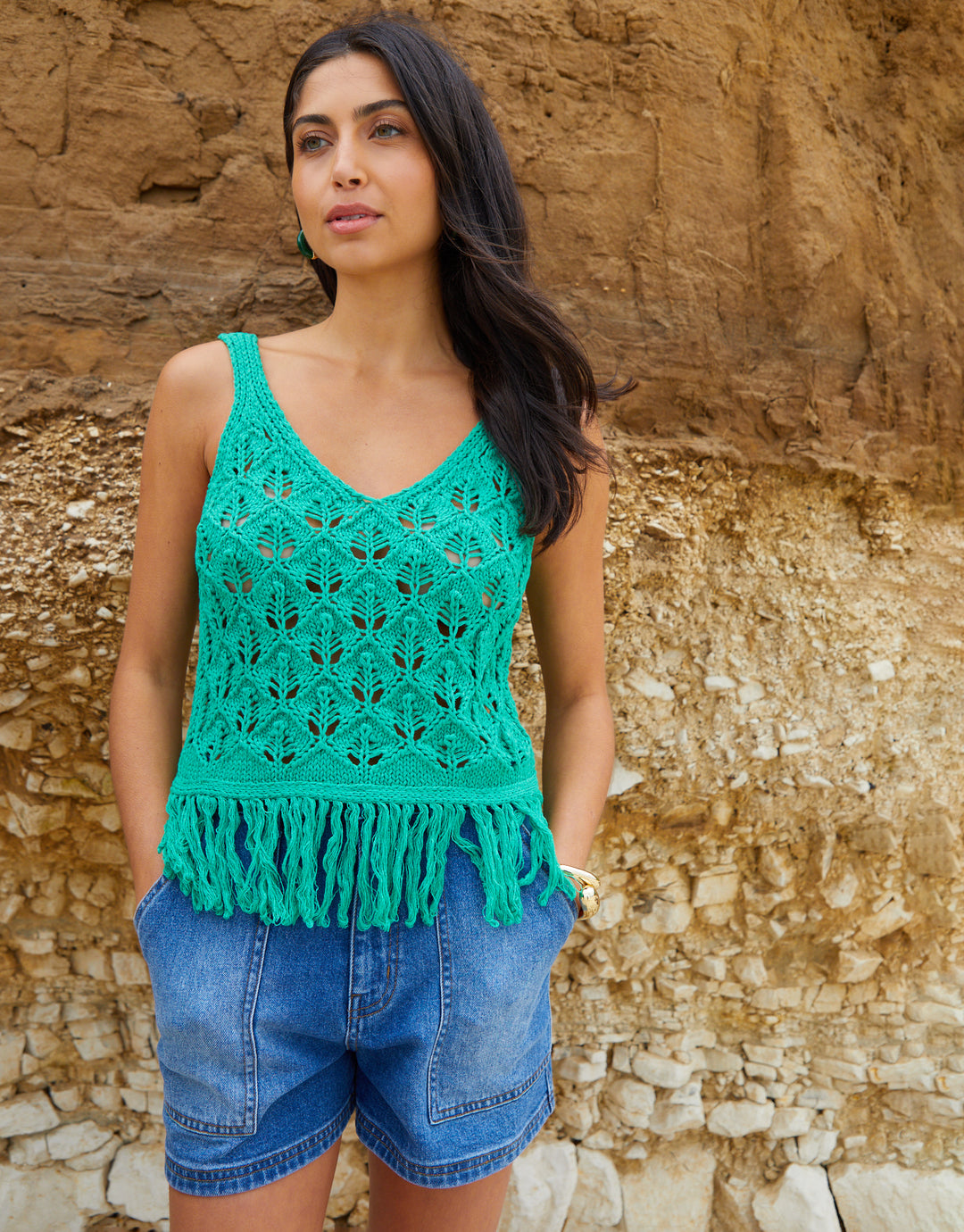 Tassel Fringe Crochet Knit Vest Top in Green