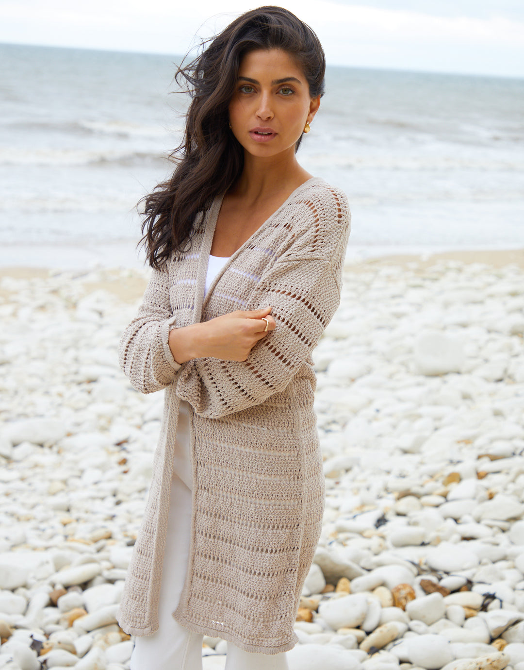 Stone Longline Crochet Cardigan