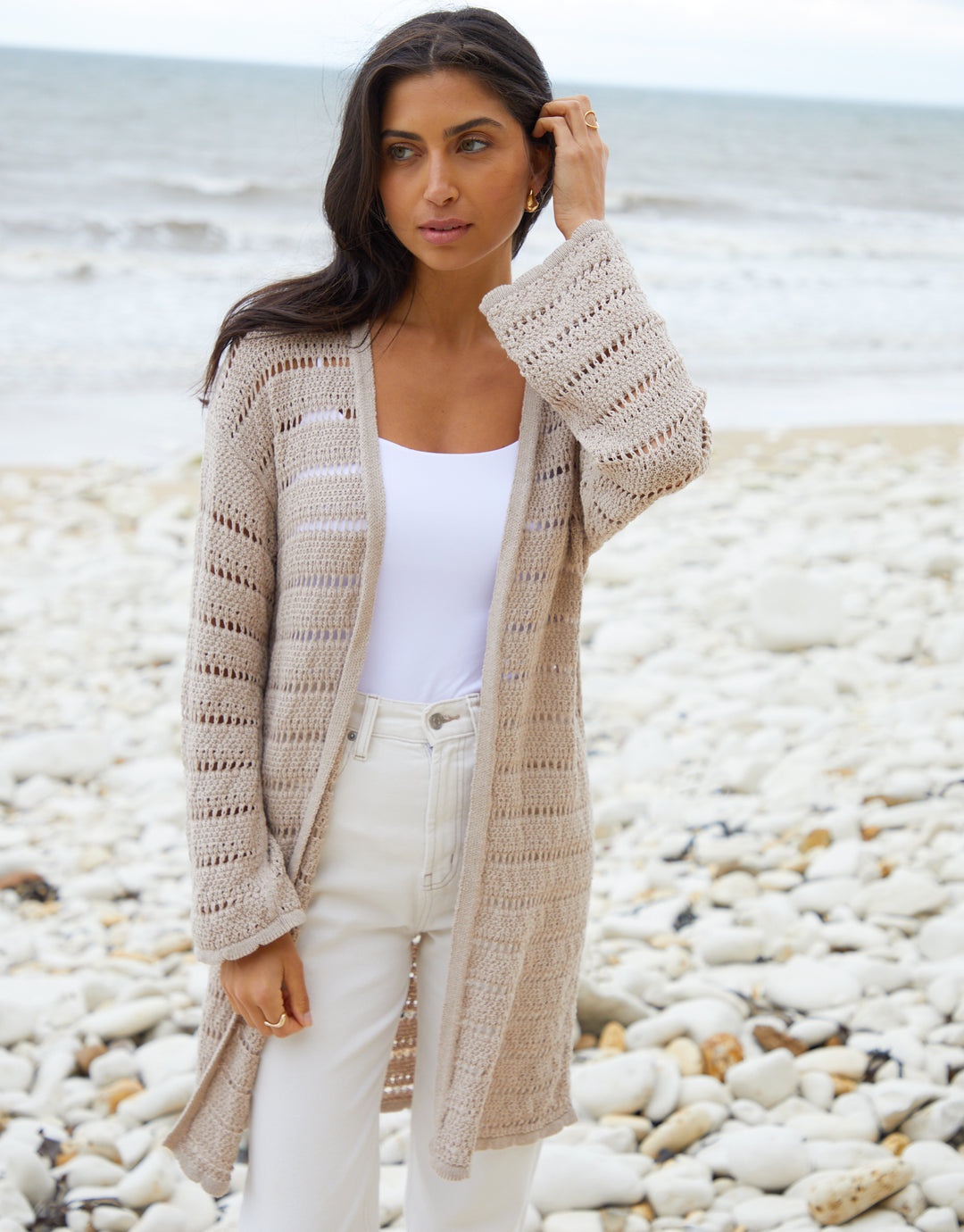Threadbare Women's Stone Longline Crochet Cardigan