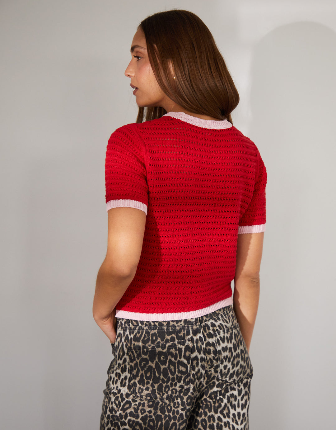 Contrast Tipping Crochet T-Shirt in Red
