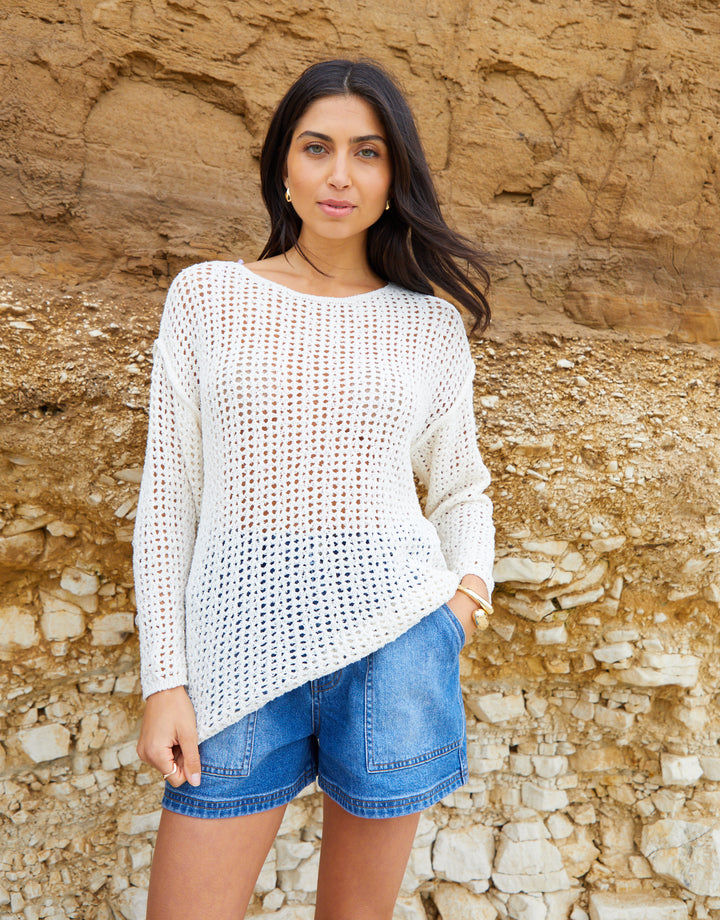 Slash Neck Open Knit Jumper in Ecru