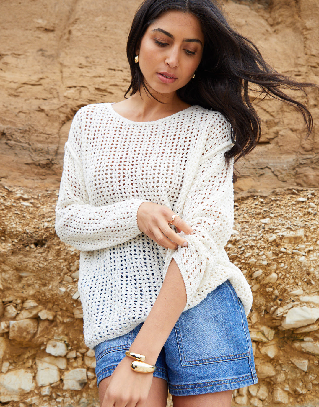 Slash Neck Open Knit Jumper in Ecru