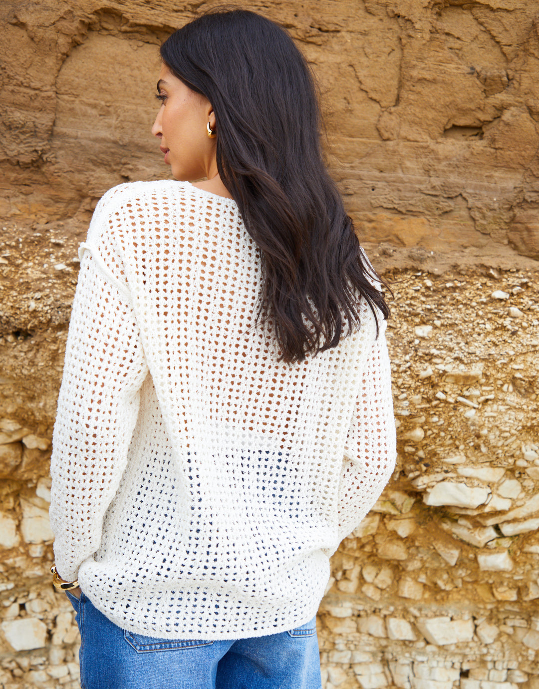 Slash Neck Open Knit Jumper in Ecru