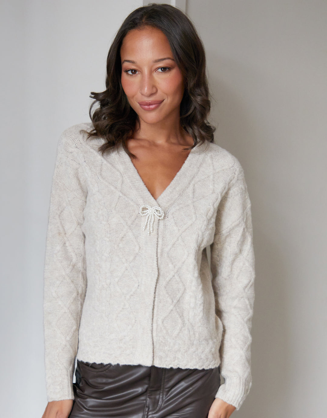 Ecru Bow Detail Cable Knit Cardigan