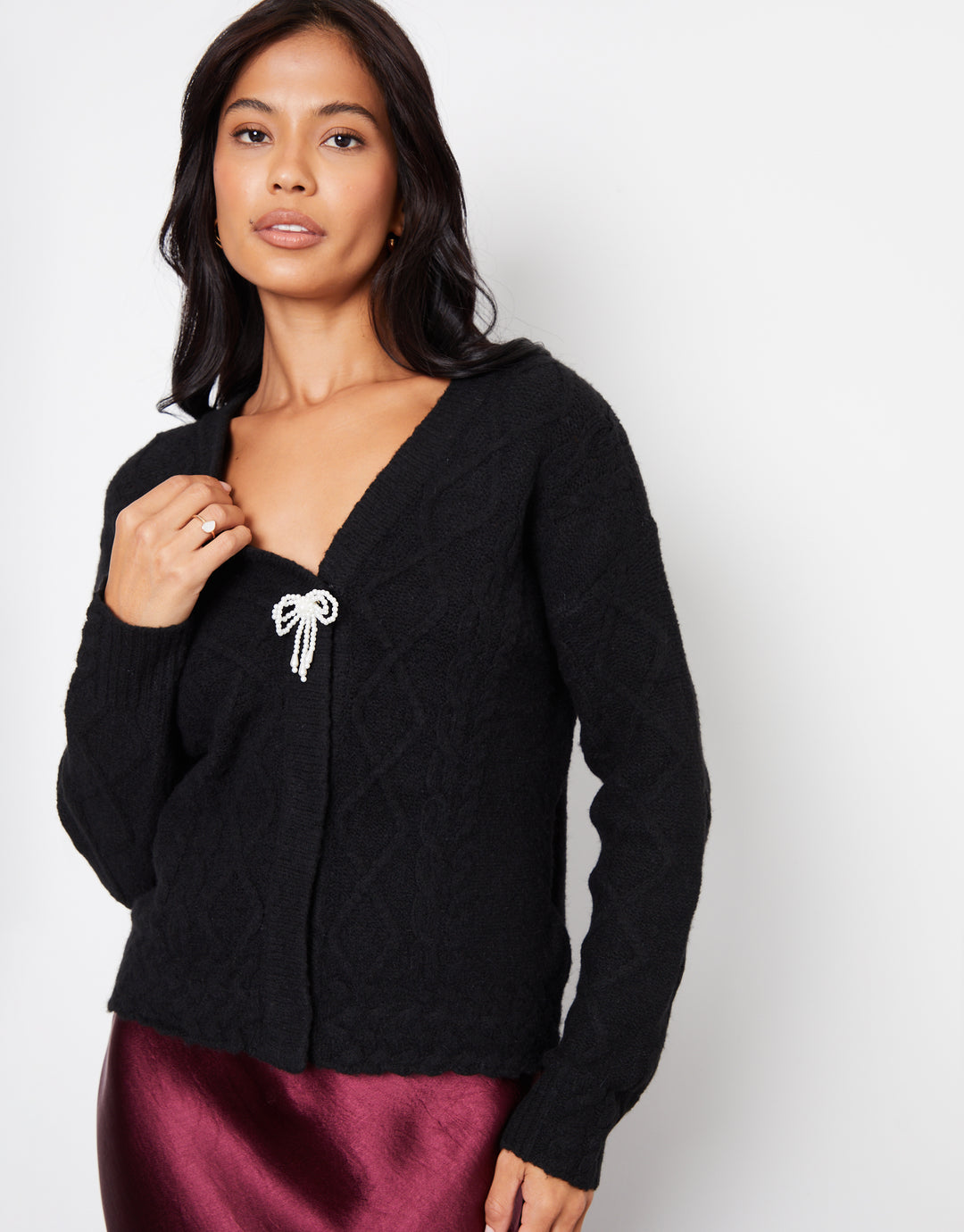 Black Bow Detail Cable Knit Cardigan