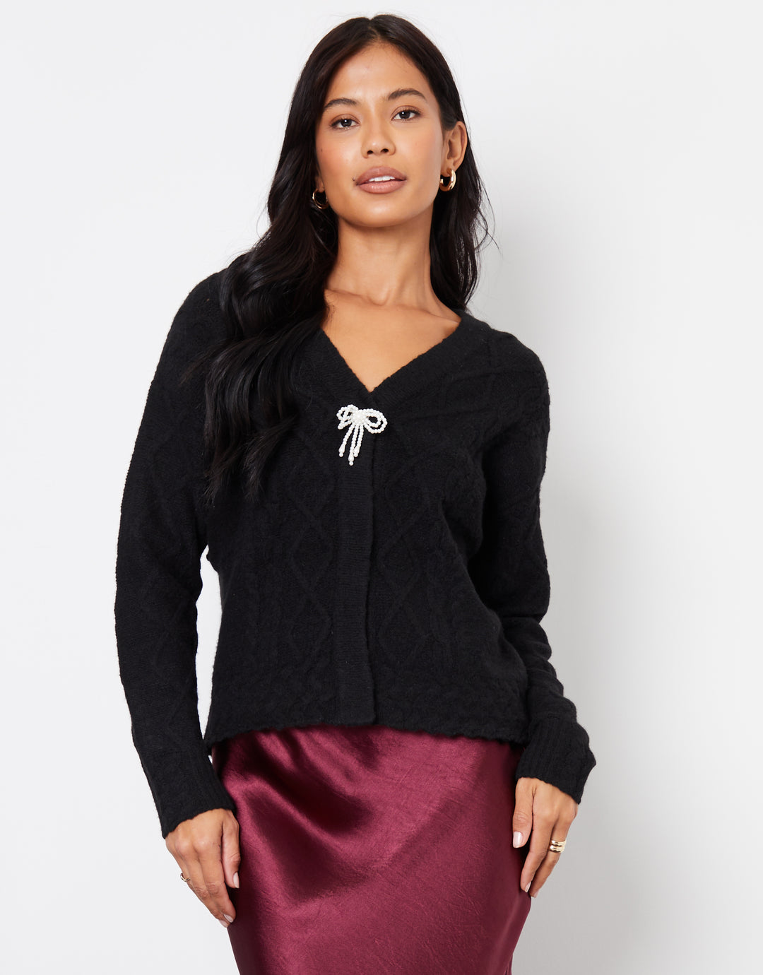 Black Bow Detail Cable Knit Cardigan