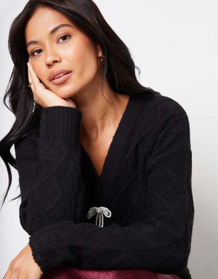 Black Bow Detail Cable Knit Cardigan