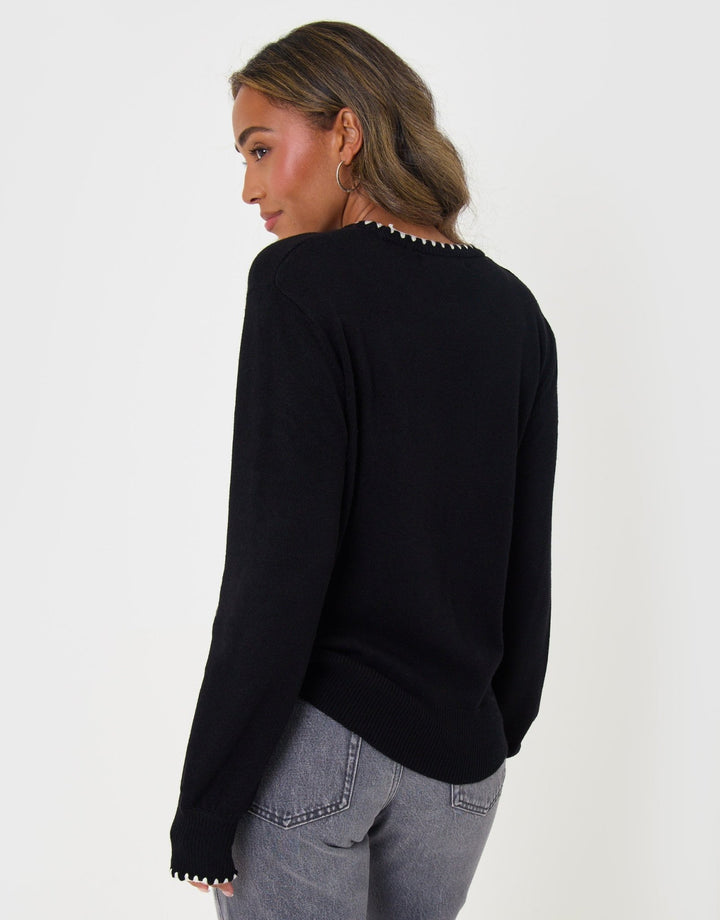 Threadbare Contrast Edge Balloon Sleeve Jumper in Black - back view