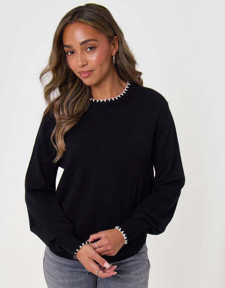 Threadbare Contrast Edge Balloon Sleeve Jumper in Black - full body