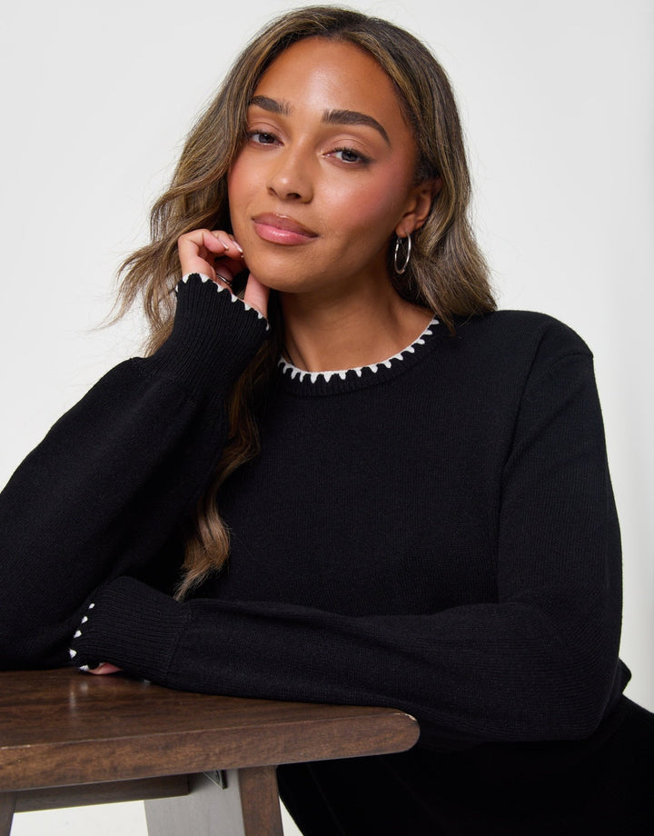 Threadbare Contrast Edge Balloon Sleeve Jumper in Black - sat down