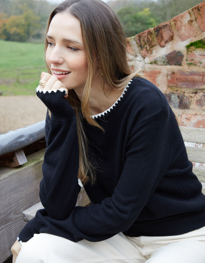 Black Contrast Edge Balloon Sleeve Jumper