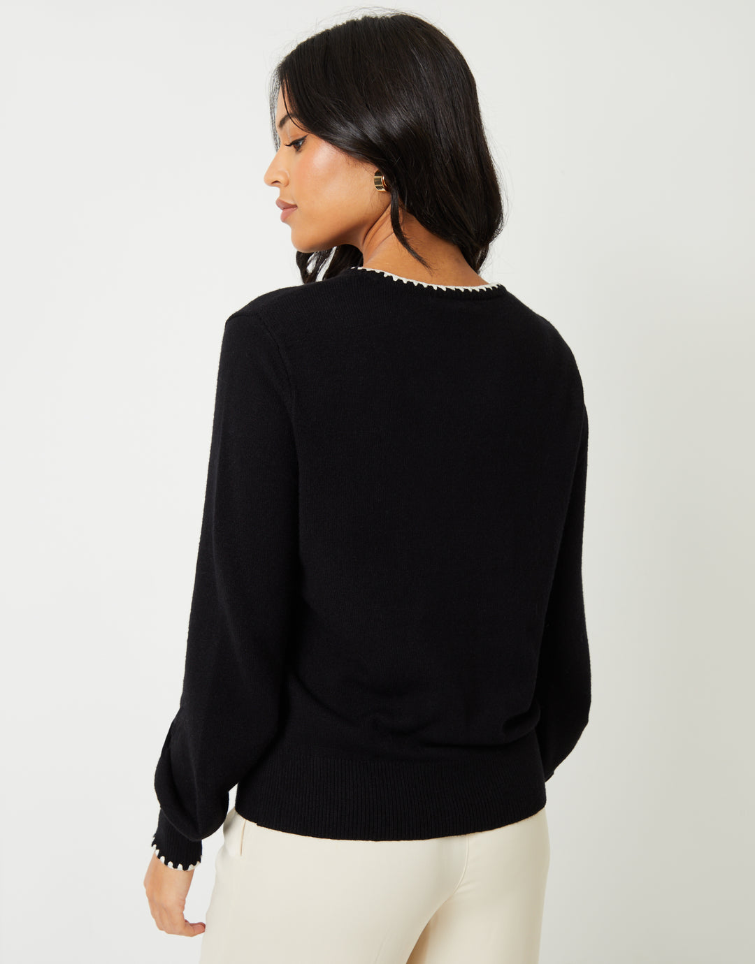 Threadbare Contrast Edge Balloon Sleeve Jumper in Black - back view