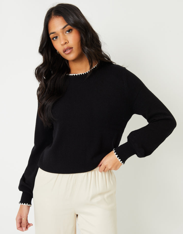 Threadbare Contrast Edge Balloon Sleeve Jumper in Black - front view