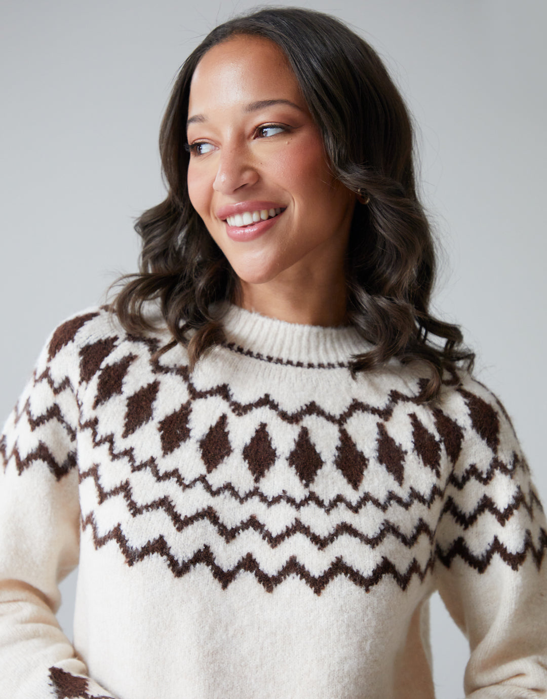 Ecru Fairisle Crew Neck Chunky Knit Jumper