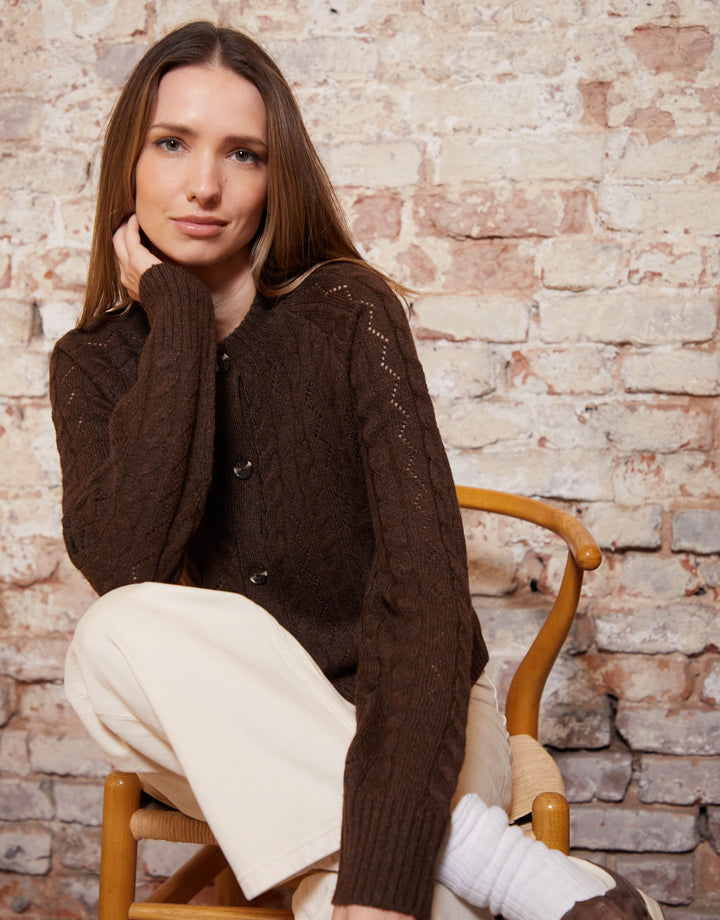 Button Up Pointelle Knit Cardigan in Chocolate Brown