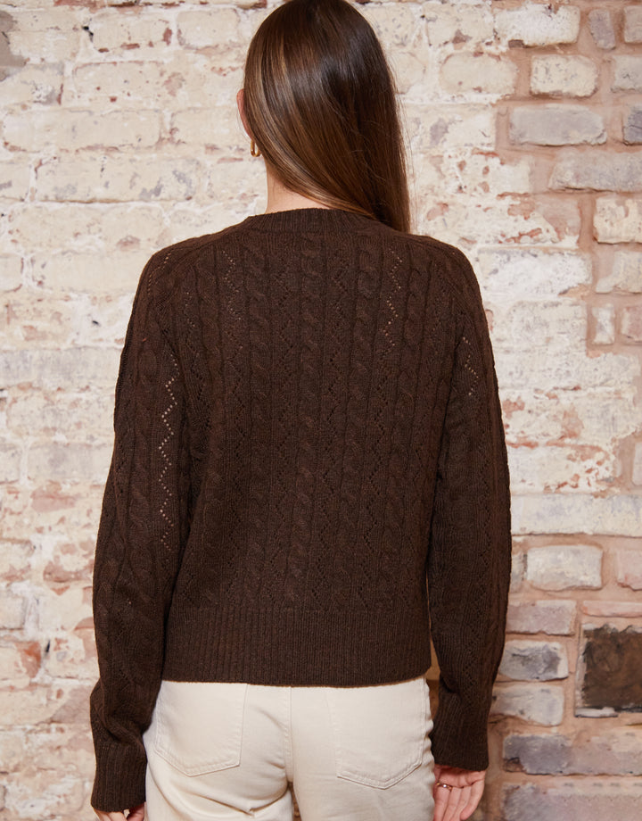 Button Up Pointelle Knit Cardigan in Chocolate Brown