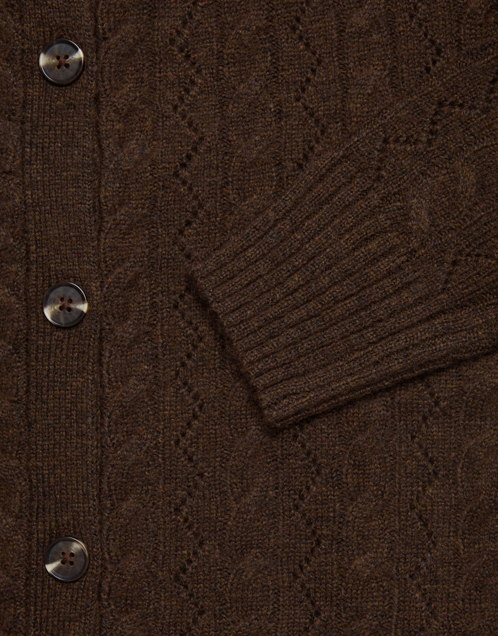 Button Up Pointelle Knit Cardigan in Chocolate Brown