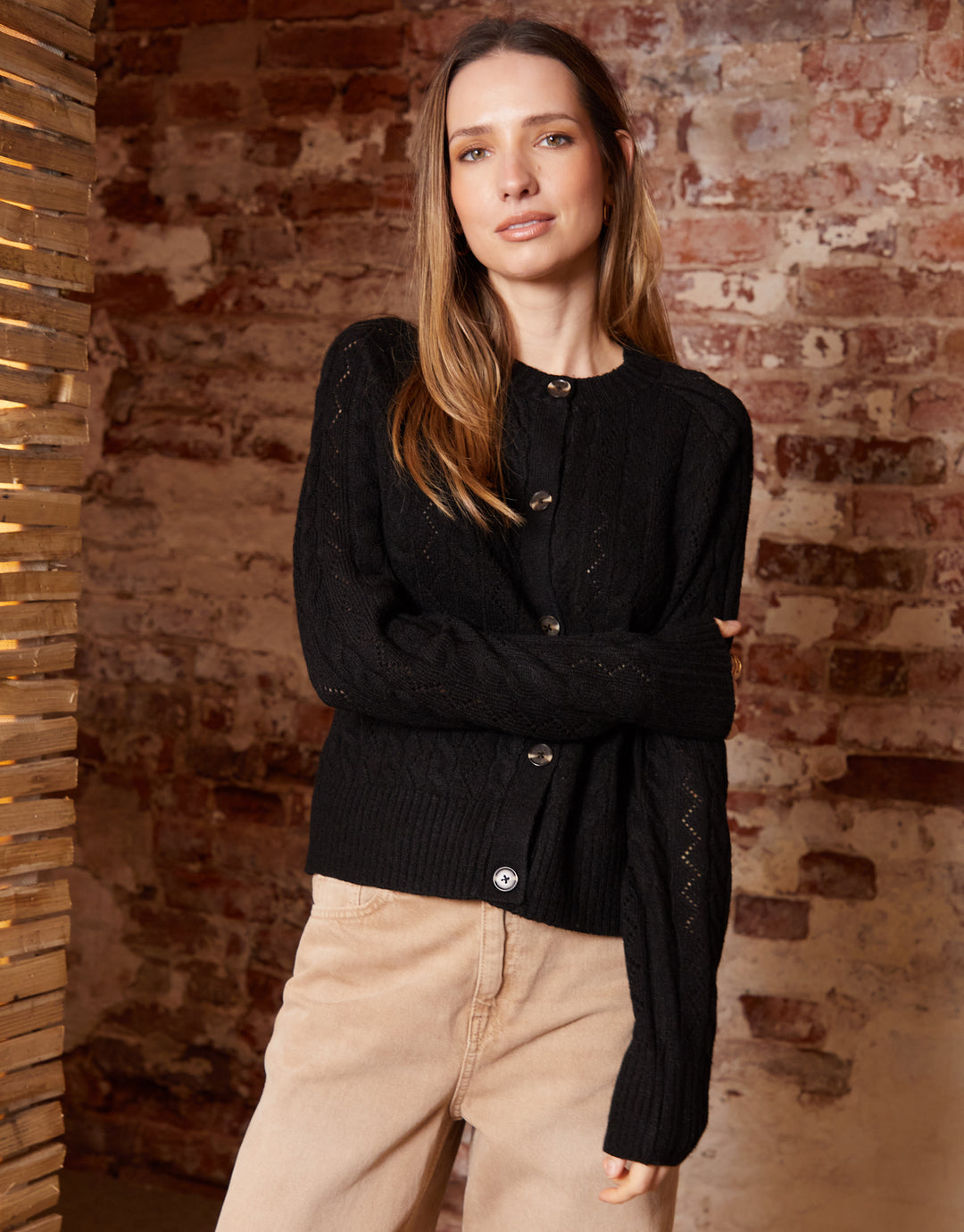 Button Up Pointelle Knit Cardigan in Black