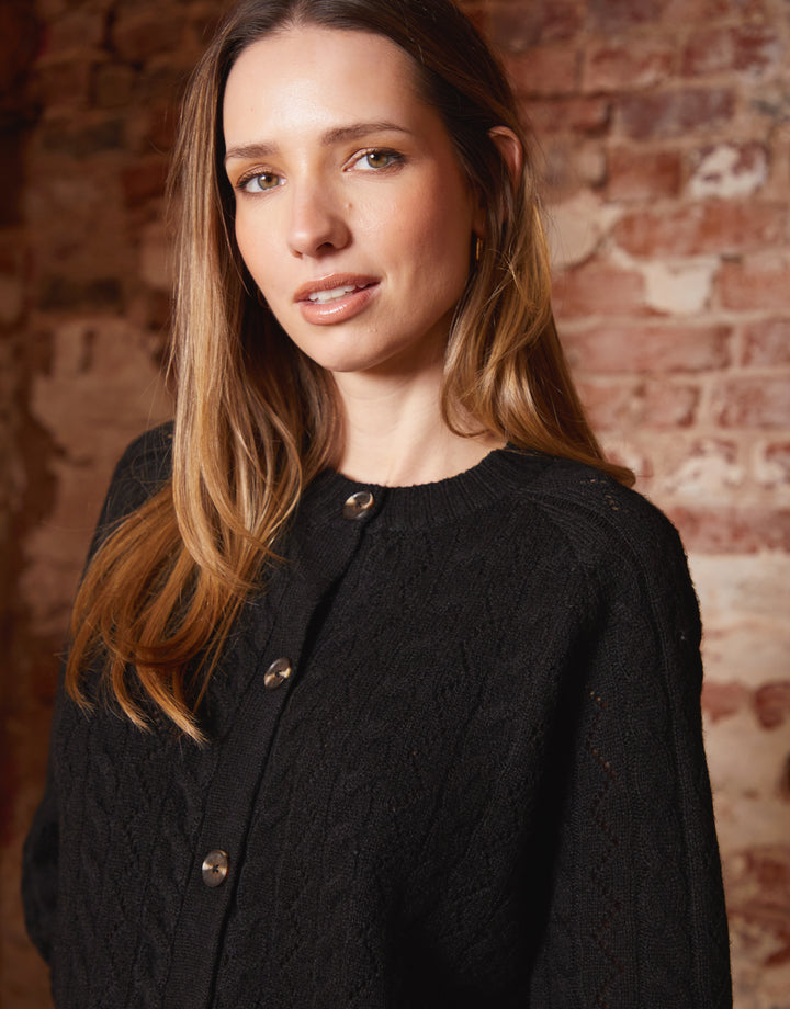 Button Up Pointelle Knit Cardigan in Black