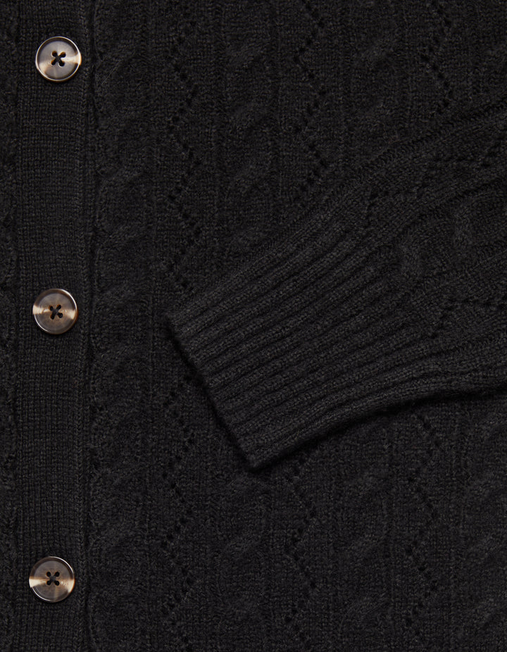 Button Up Pointelle Knit Cardigan in Black