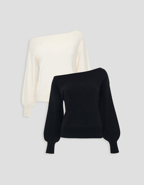 Threadbare 2 Pack Soft Slash Neck Jumper in Black & Cream - 2-pack flat lay